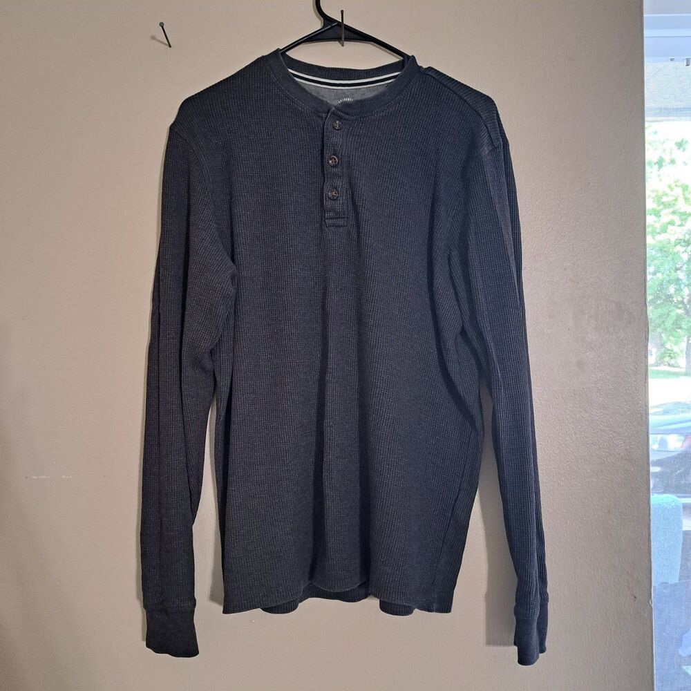 Members Mark Thermal Henley Shirt Mens Medium Grey Waffle Long Sleeve Outdoor